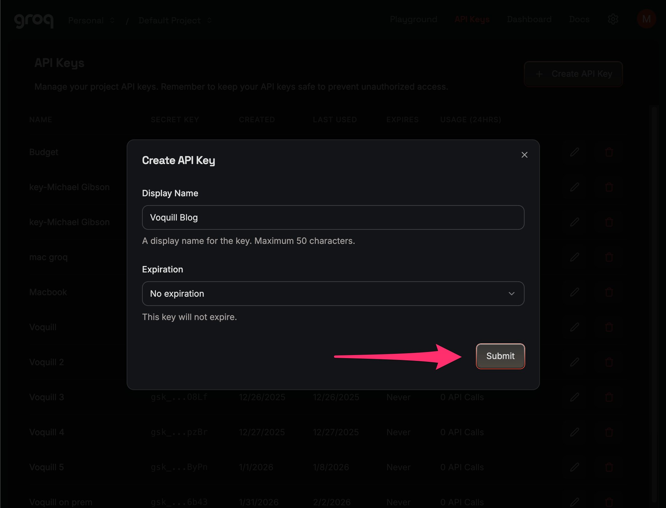Create API Key modal
