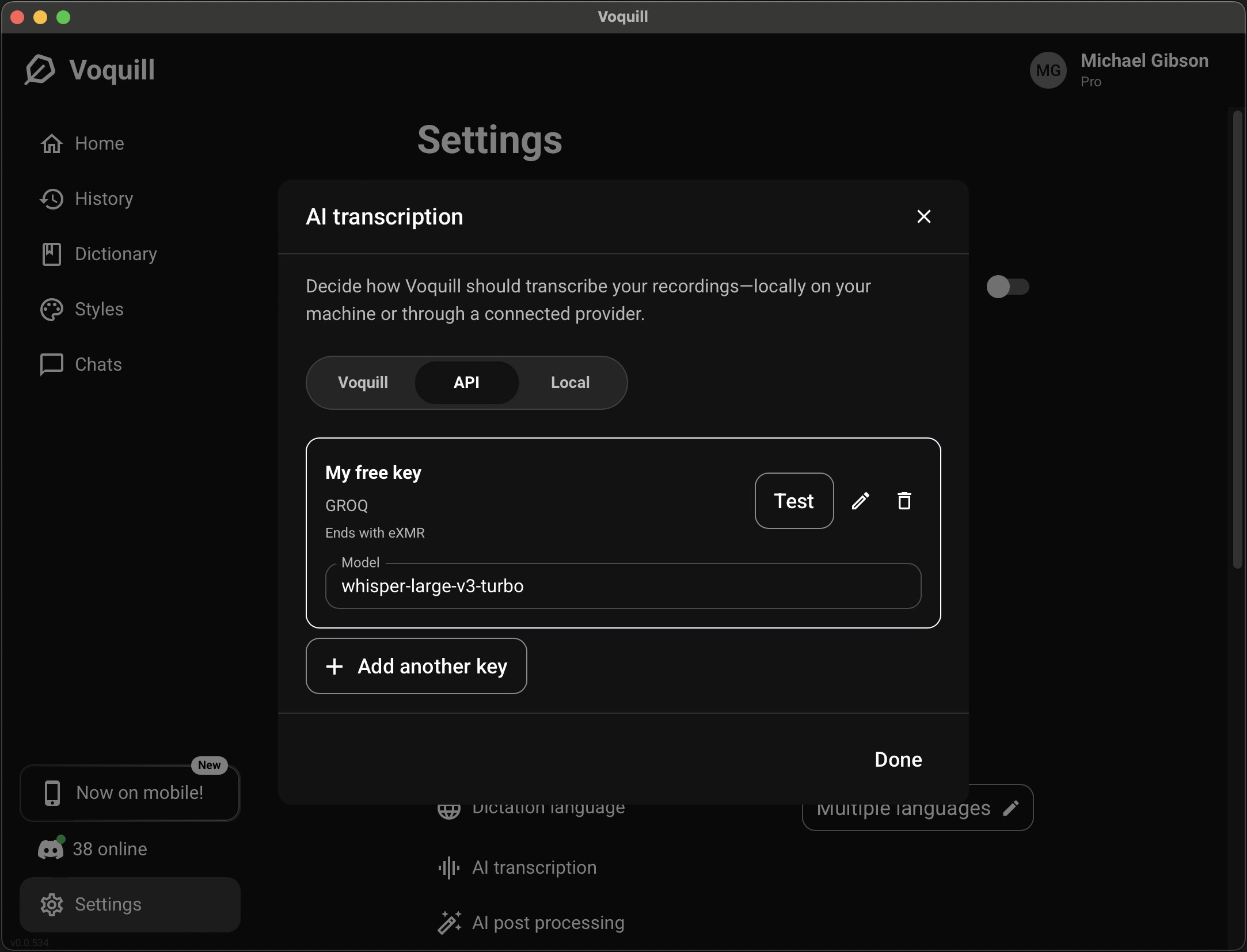 AI transcription with key saved