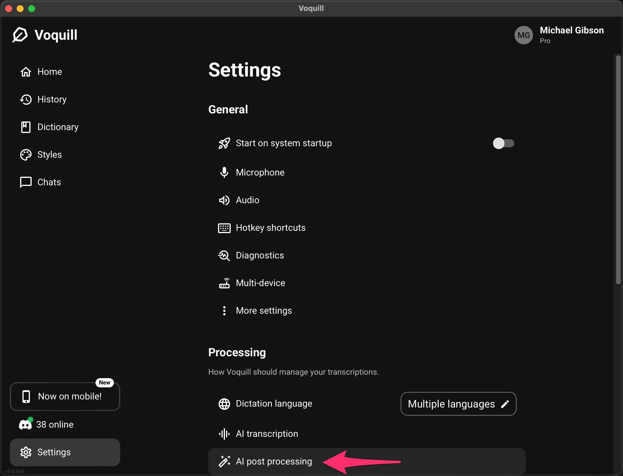 Voquill Settings showing AI post processing