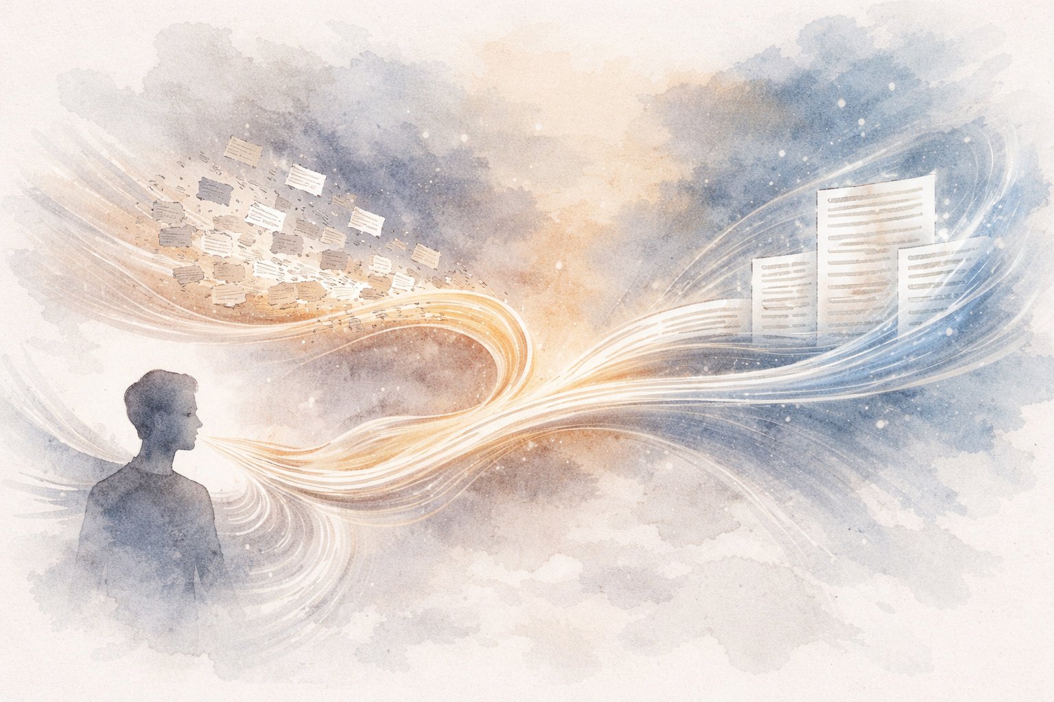 Watercolor painting of dictated words flowing into finished documents